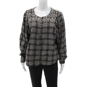 Akemi Kin Women Bohemian Black Button Blouse Long Sleeve Size L